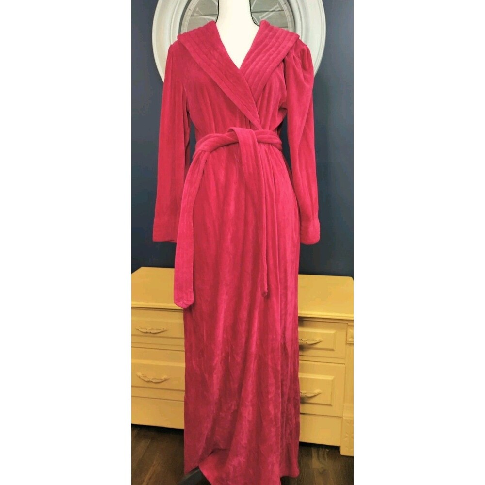 Vtg David Brown California Velour Robe Women's M/L-56in Fushia Pink Pockets Belt